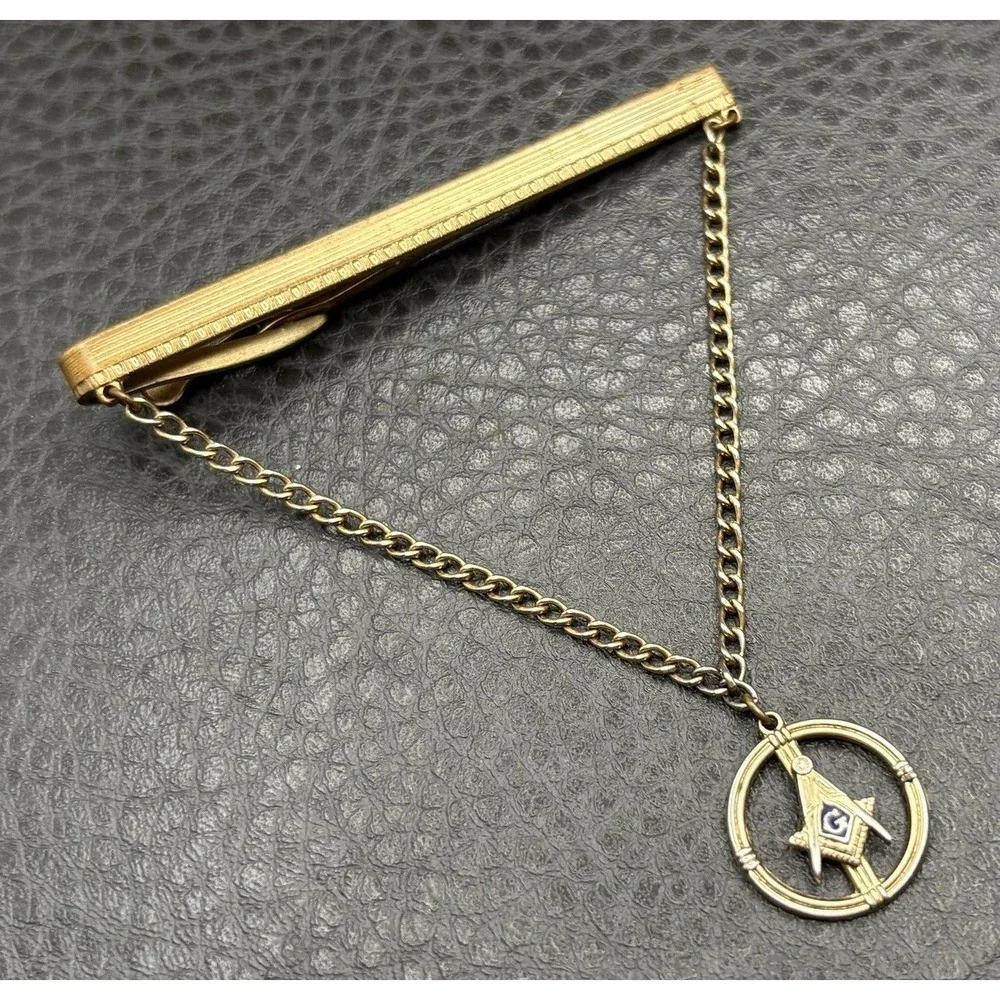 Vintage Hickok Masonic Enamel Tie Bar Clip with Chain Gold Tone